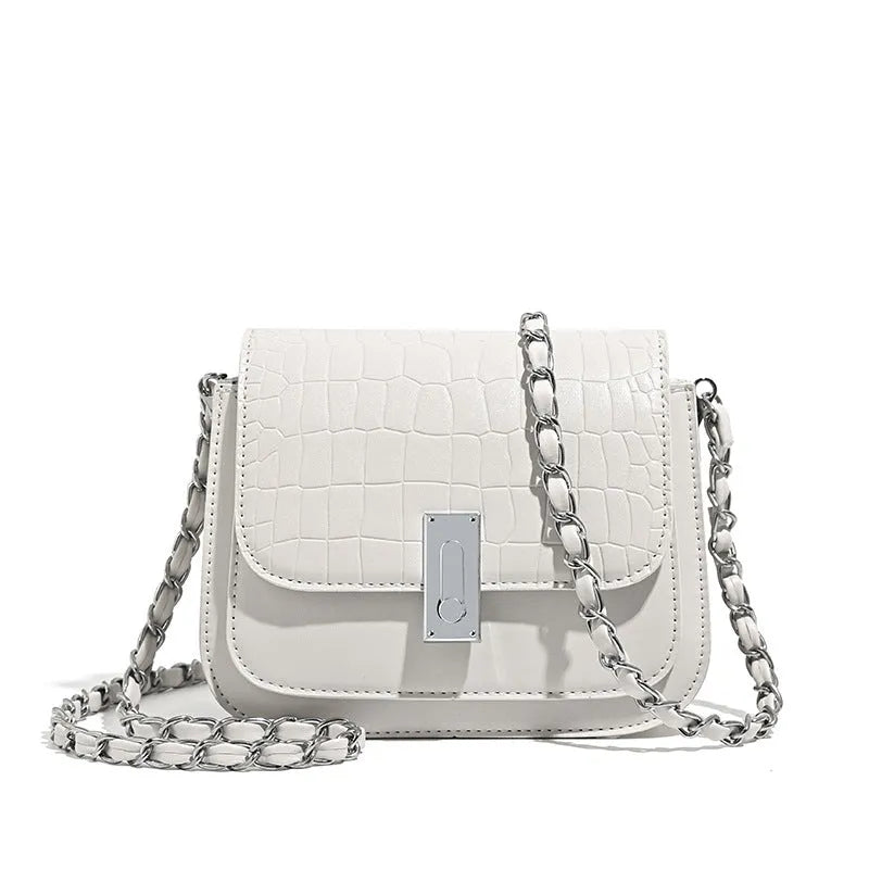 Black soft PU leather women's square shoulder bag with a silver chain strap