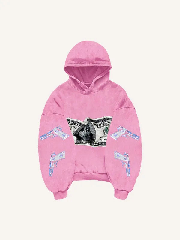 Printed polyester sweater in black, blue, pink, or white, sizes XS to 3XL