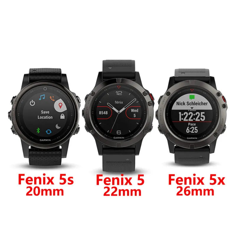 Stainless steel watch band for Garmin Fenix smartwatches showing straight buckle and multiple colour options