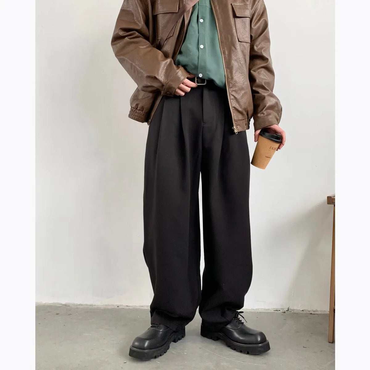 Men's Japanese retro wide-leg drape suit pants in black or brown, sizes M-3XL, loose polyester blend