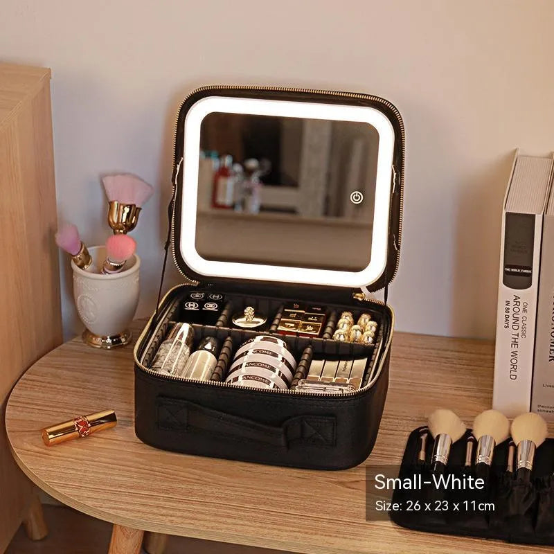 LED light cosmetic bag with full screen mirror on top, PU leather skin care storage box in light pink, two sizes available