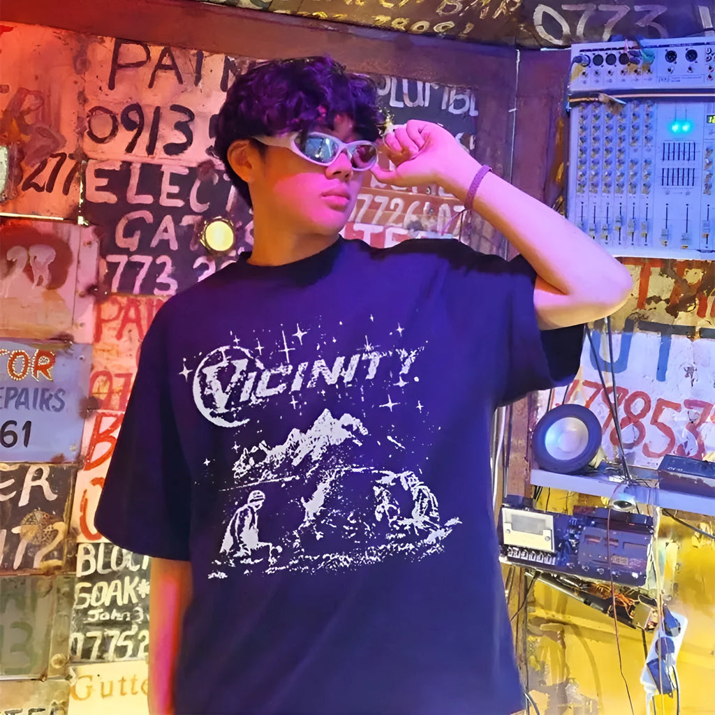 Men's loose black cotton T-shirt with Y2G vicinity printing in artistic retro Chinese style