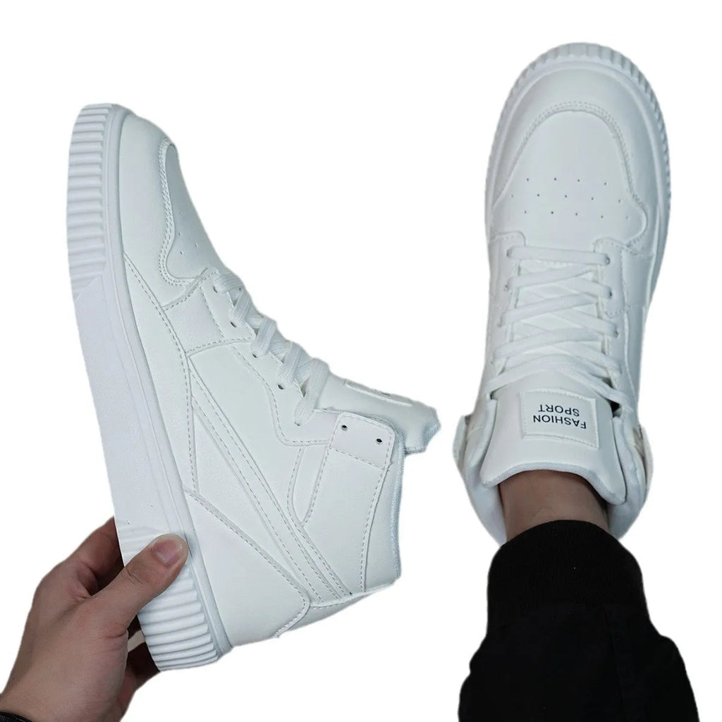 Men's white microfiber leather casual shoes with round toe design on neutral background