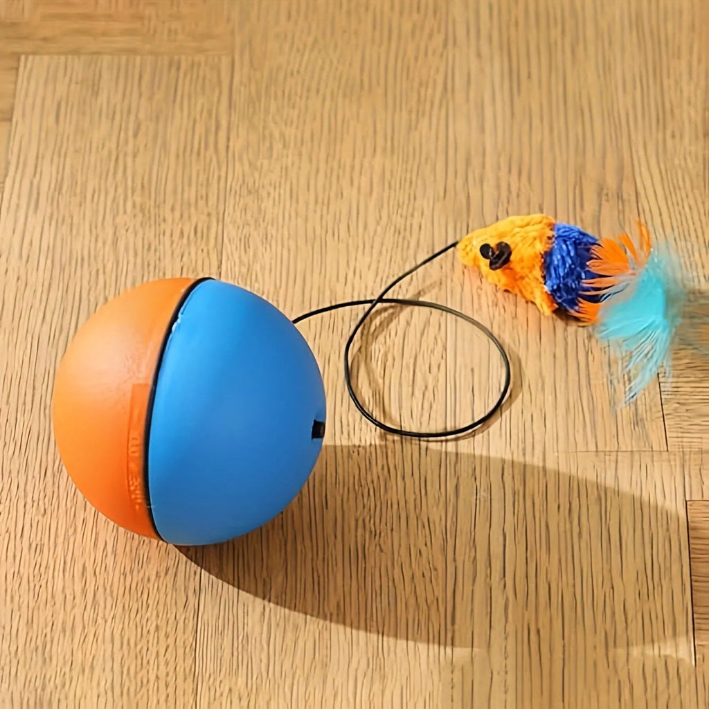 Interactive cat toy ball with plush mouse design measuring 8.5cm cube in grey and orange colour options