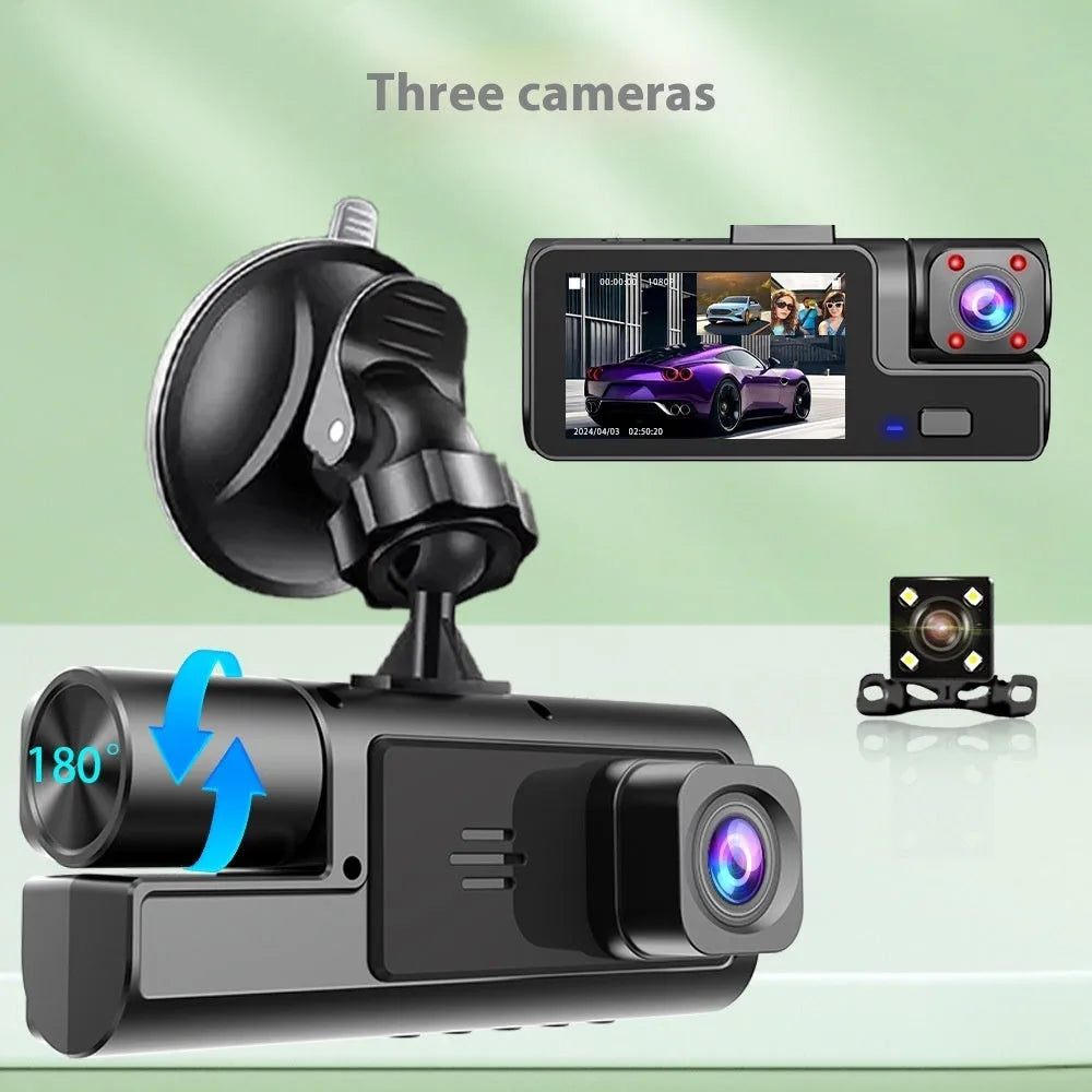 WiFi driving recorder with 2-inch screen on car windscreen showing rear camera view.