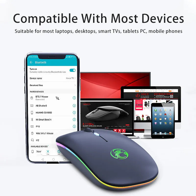 A black or white silent wireless charging mouse with dual-mode Bluetooth and 2.4G connectivity.