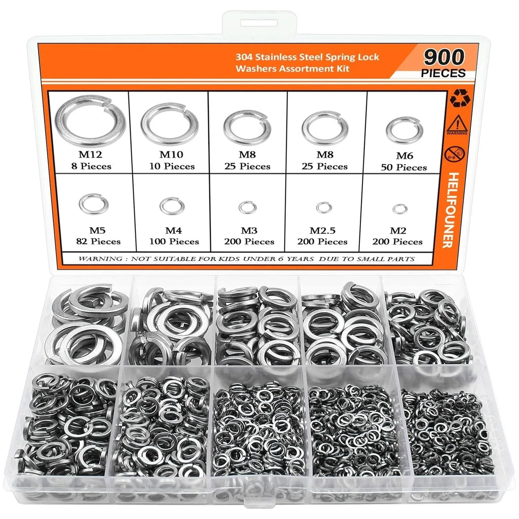 304 stainless steel spring lock washer combination box containing 900 pieces with size range for M2 to M12 bolts