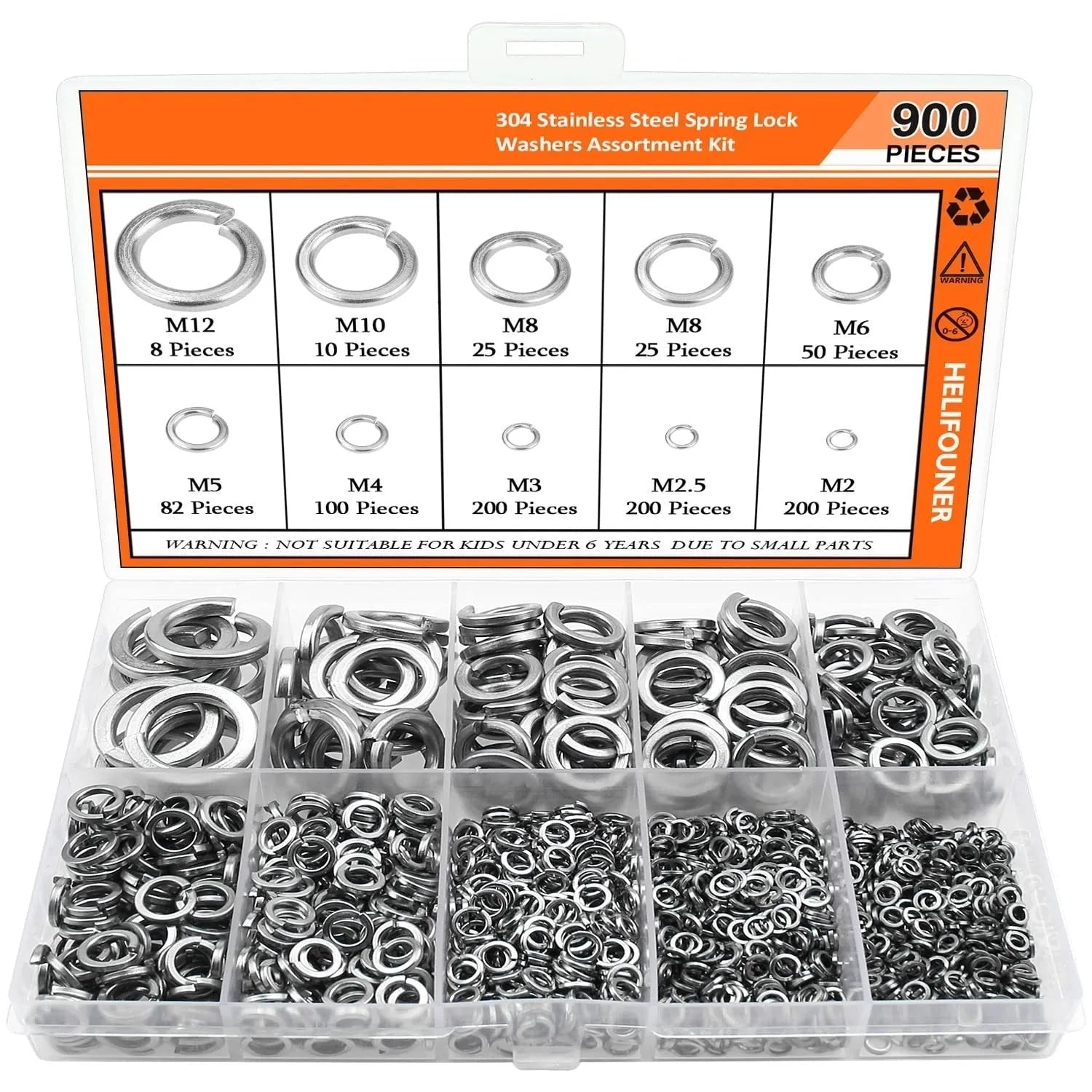 304 stainless steel spring lock washer combination box containing 900 pieces with size range for M2 to M12 bolts
