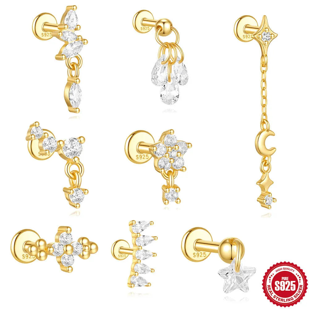 S925 sterling silver geometric earrings with moon and star design and embedded diamonds