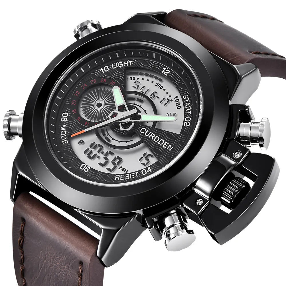 Men's sports watch with dual display, leather strap, black dial, 4.7cm surface diameter