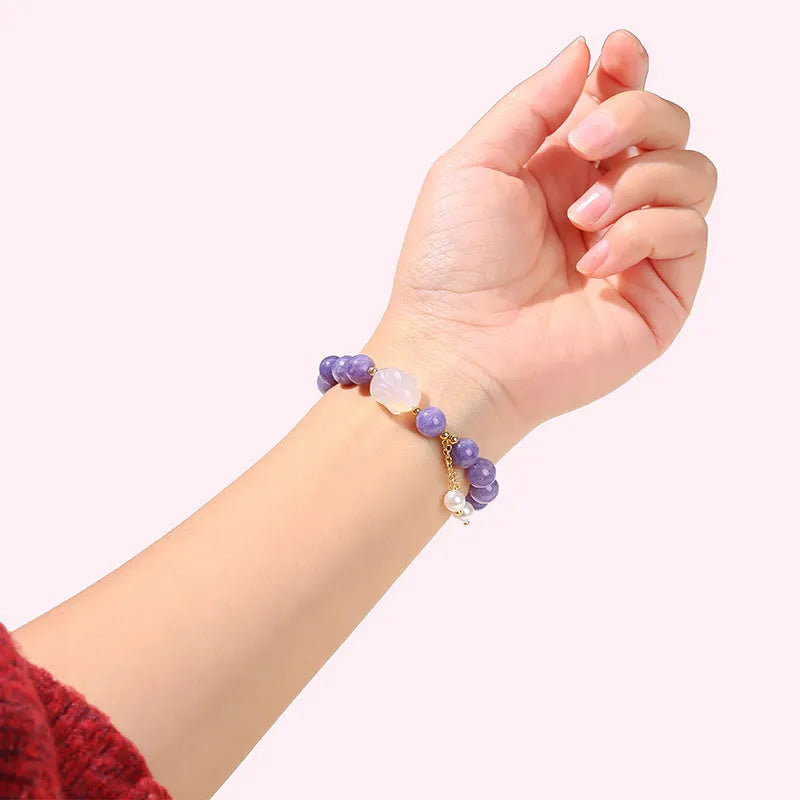 Purple aquamarine chalcedony agate rabbit bracelet with geometric beads for women