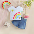 Girls' rainbow striped short-sleeved top and denim shorts two-piece summer set in Picture Style
