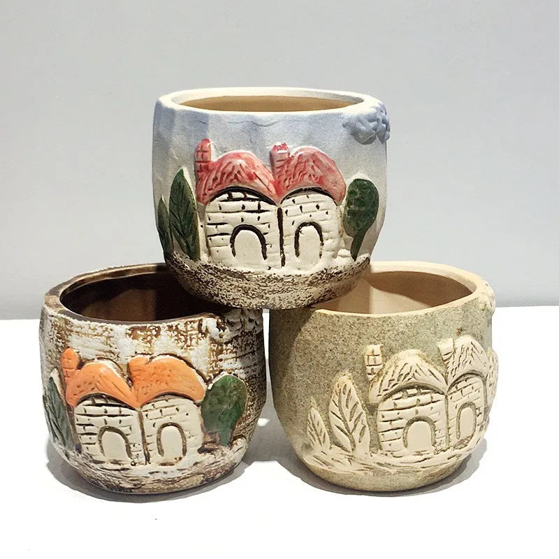 Stoneware breathable small-caliber succulent flower pot with painted finish