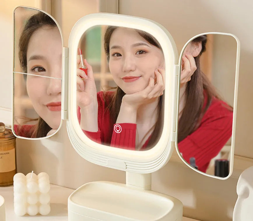 Foldable LED desktop cosmetic mirror with USB power, plastic frame, 17.5x11x36cm, in white