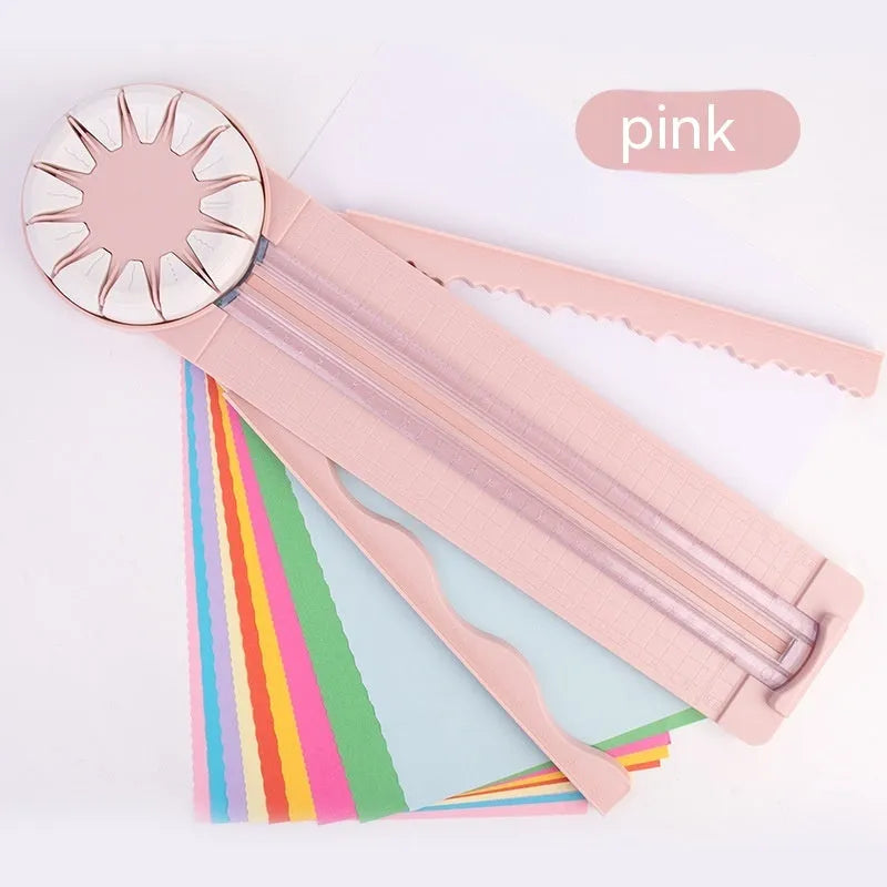 Pink and black 12-in-1 plastic paper cutting machine with dotted guides for A4 paper