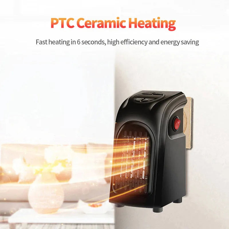 Black compact ceramic fan heater with control buttons on a white background.