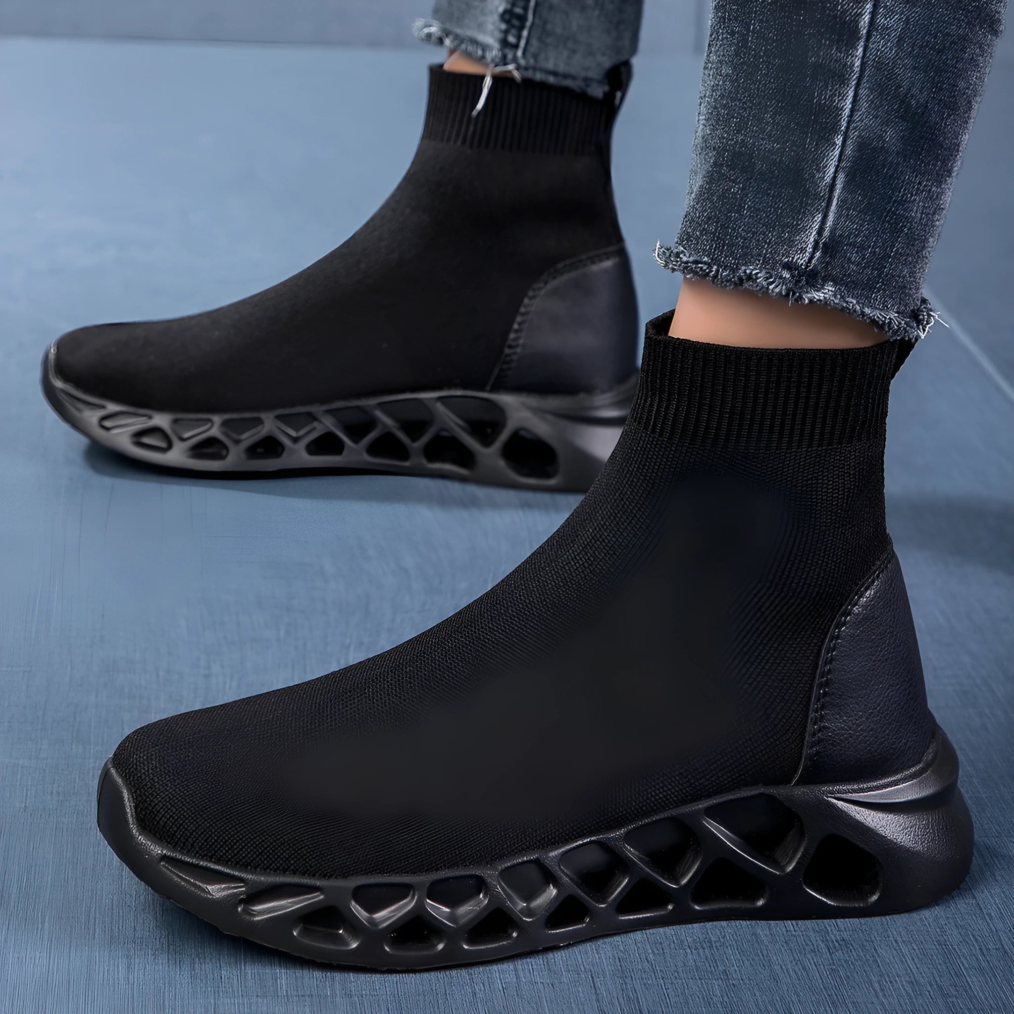 Women's casual mesh sock boots in black colour with flat sole and round toe design