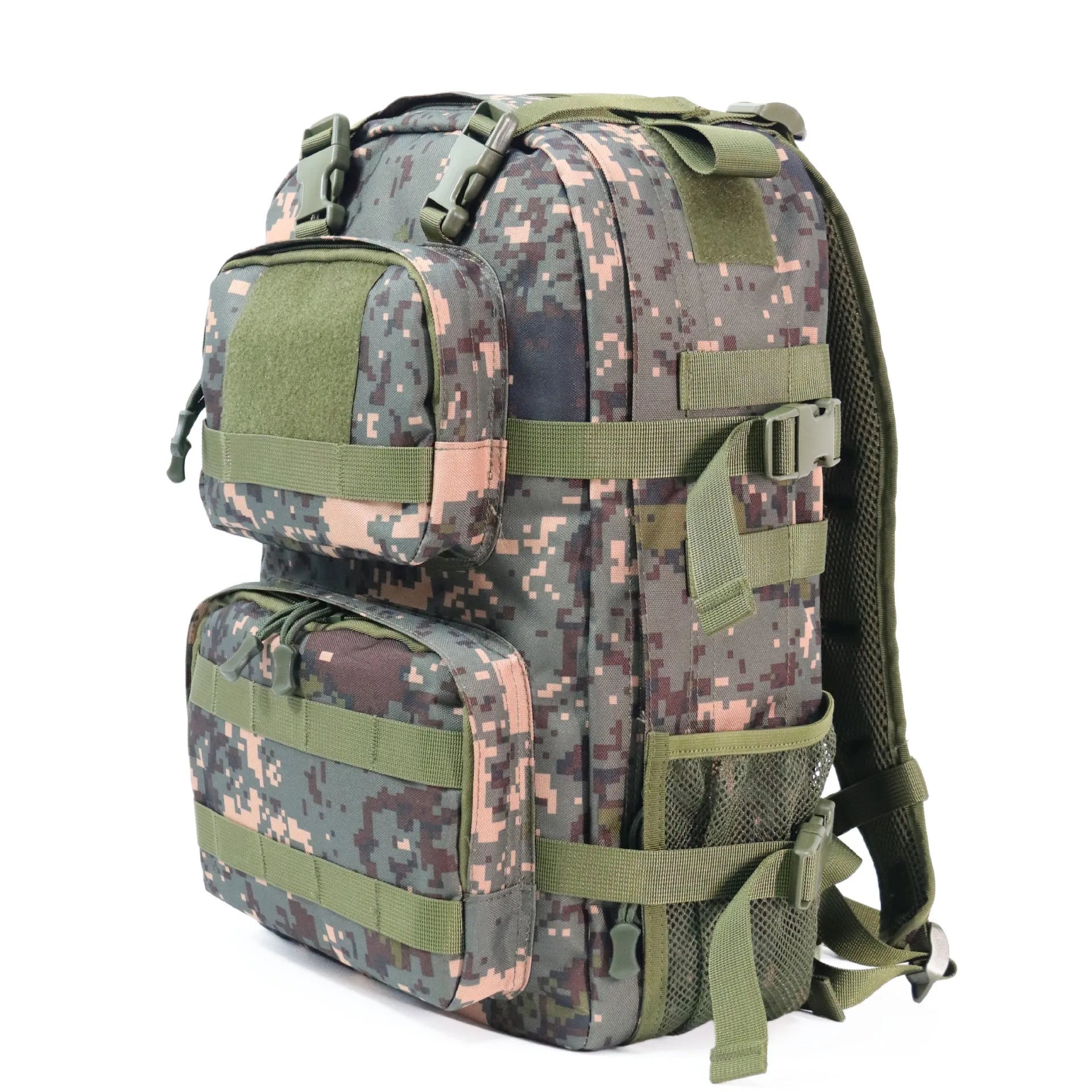 Camouflage pattern outdoor waterproof rucksack with air pillow belt system showing 30x15x46 cm dimensions
