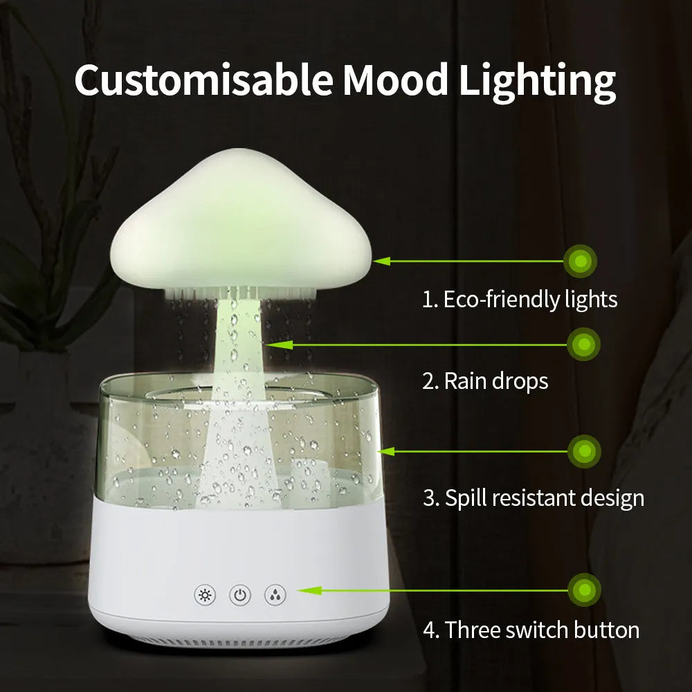 White raining cloud design desktop humidifier and night light with wood grain base