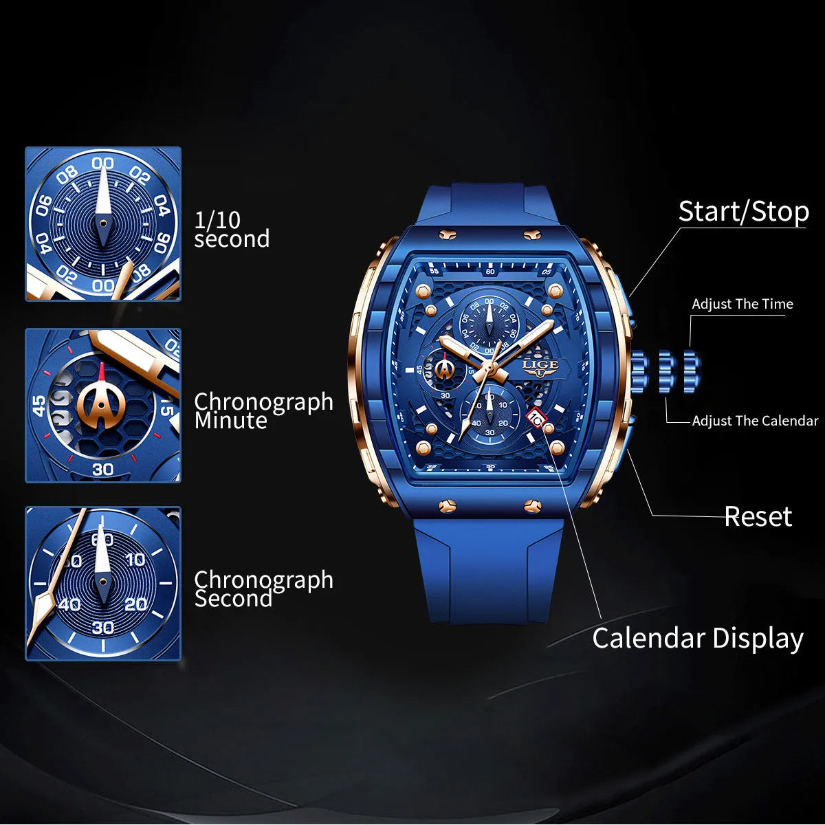 Men's sports quartz watch with 50mm dial, luminous hands, and stainless steel back in rose gold black.