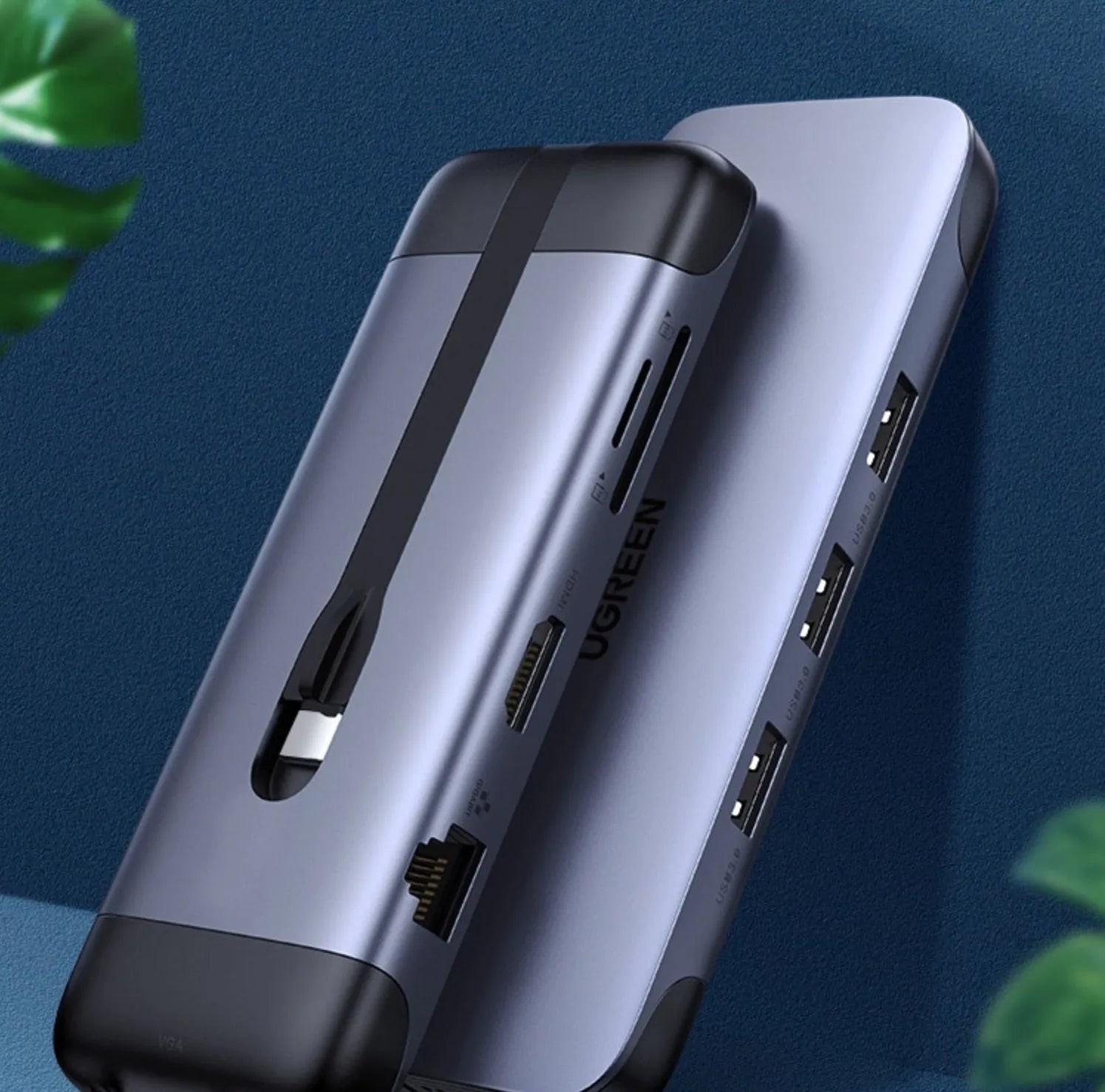 Compact USB dock expansion adapter with HDMI, USB 3.0, and charging ports on a short 0.09m cable.