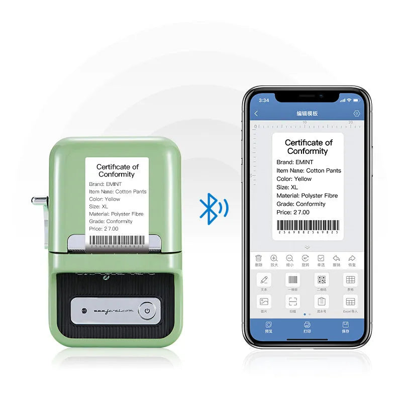 B21 food pricing machine label printer in black, 130x95x60mm, with thermal print and Bluetooth