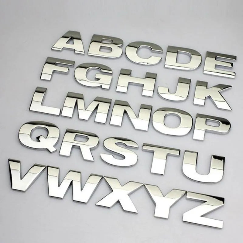 Zinc alloy metal car bumper sticker showing 2.5cm raised English letter design