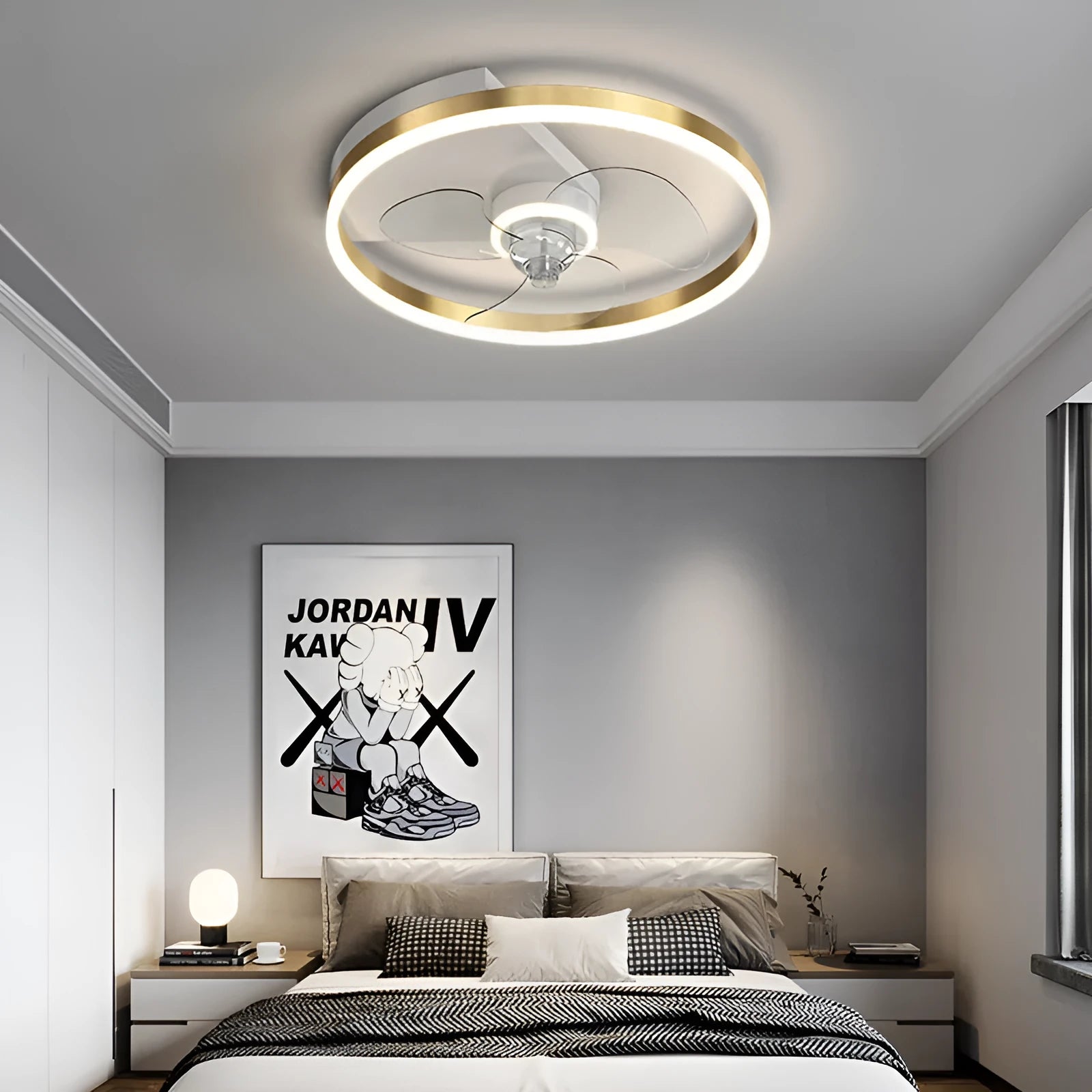 Nordic style children's room ceiling lamp with fan and LED light in iron construction