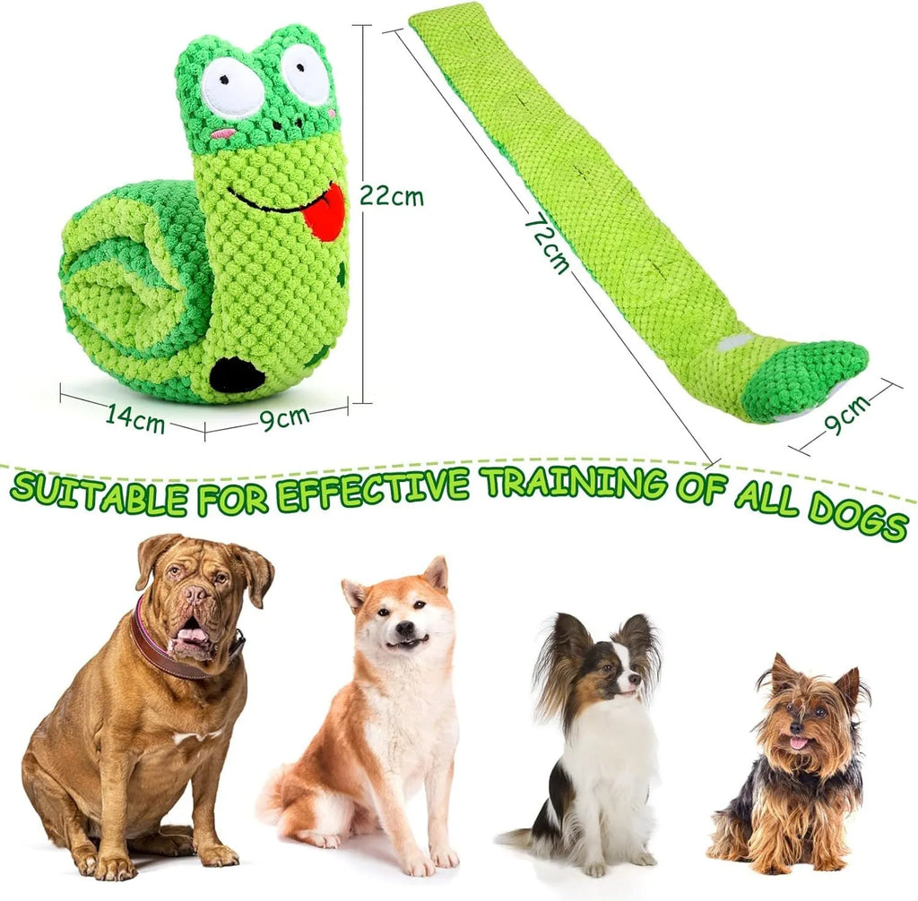Squeak dog toy in frog snail or snake design with foraging holes and velvet texture