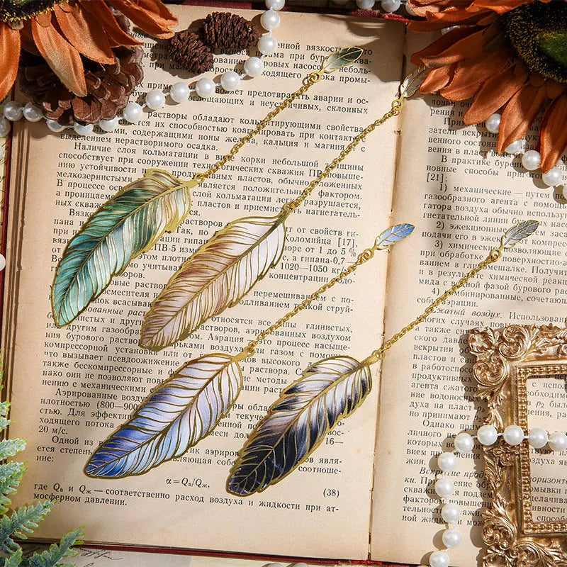 Classical Chinese style metal feather bookmark in Aurora colour with decorative feather shape