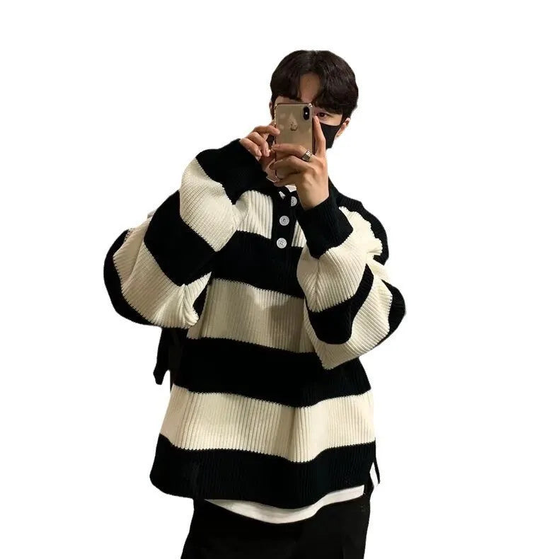 Men's loose fit striped pullover sweater in black and grey colours with long sleeves