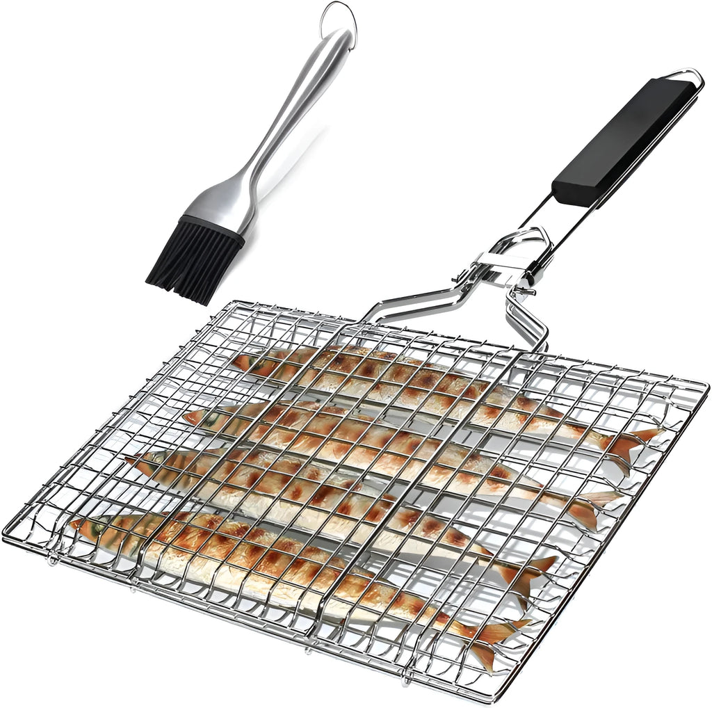 Square stainless steel folding barbecue mesh basket with a cleaning brush.