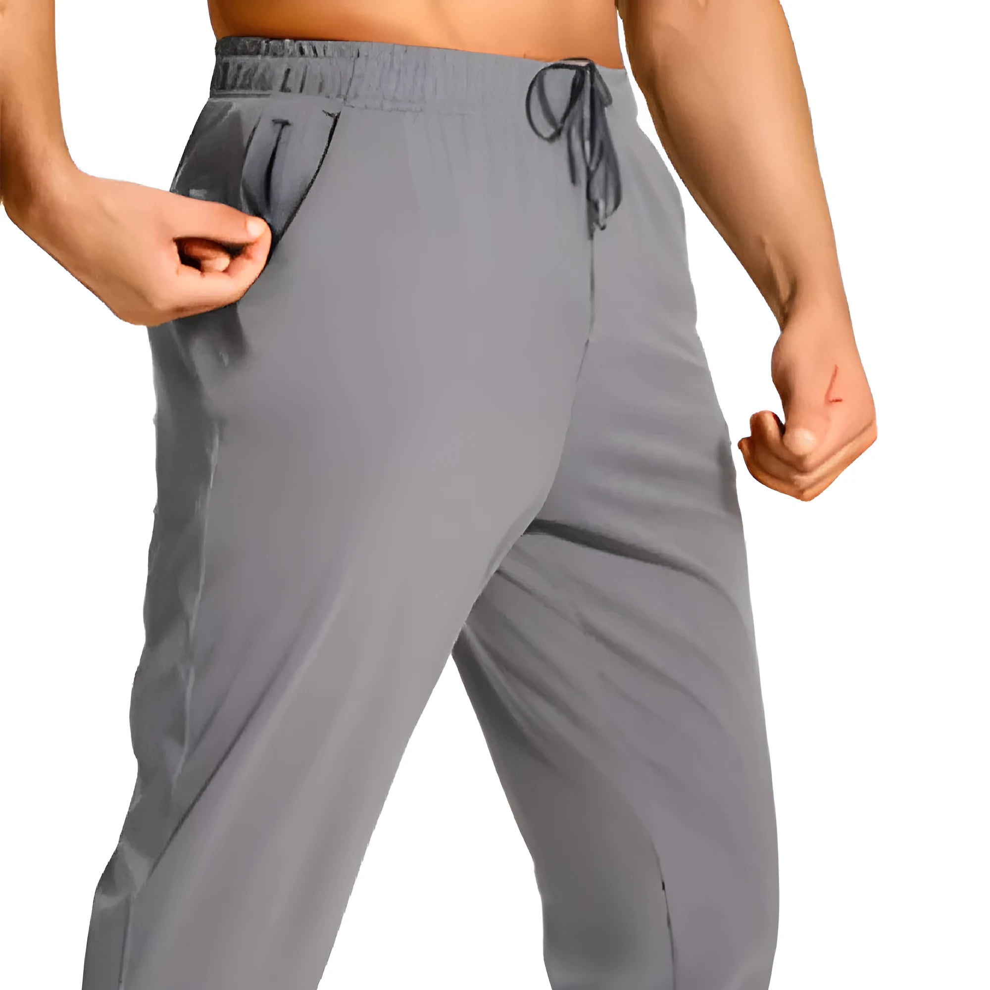 Men's loose fit solid colour casual polyester trousers on a hanger.