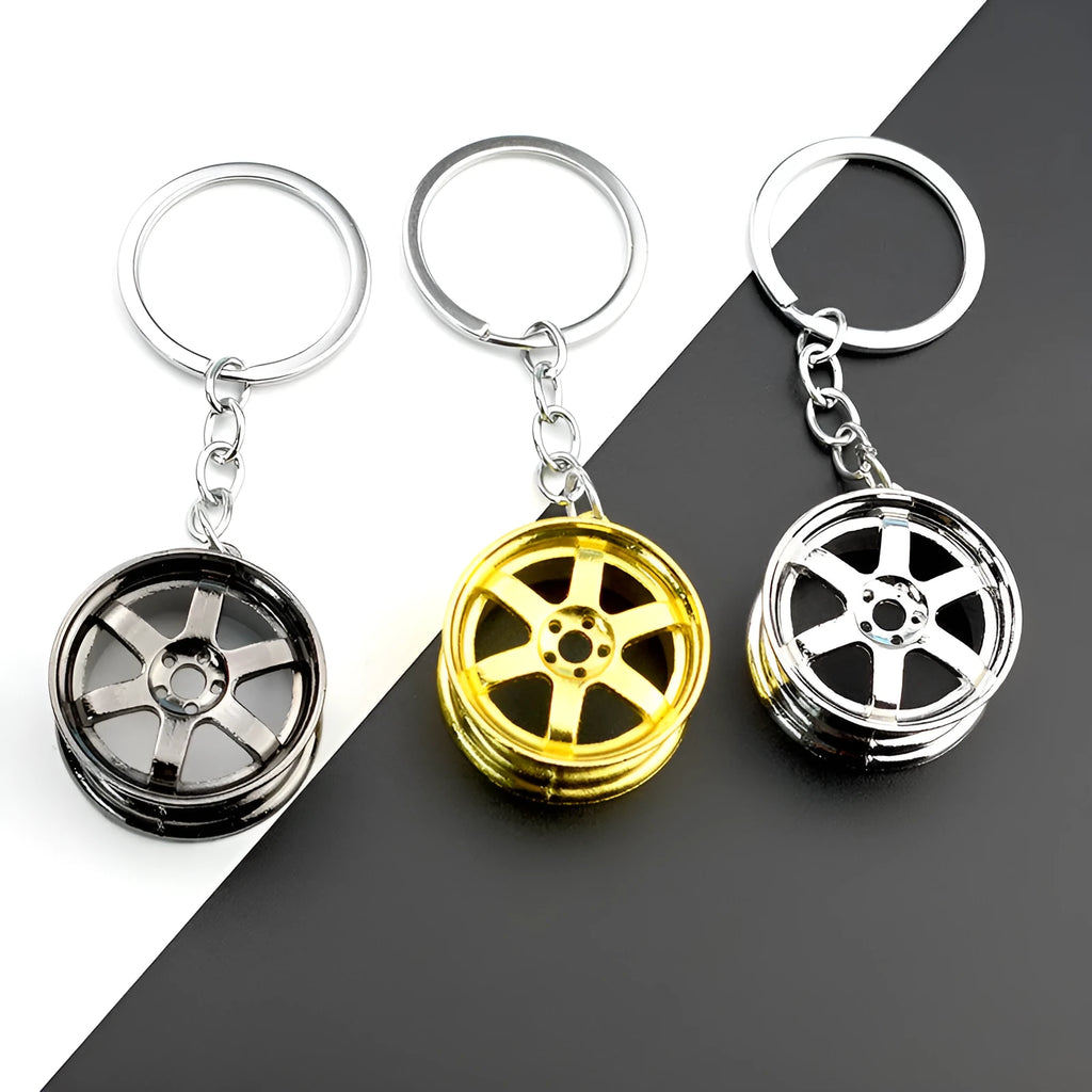 Wheel hub design metal keychain in zinc alloy with gold, silver or gun black finish