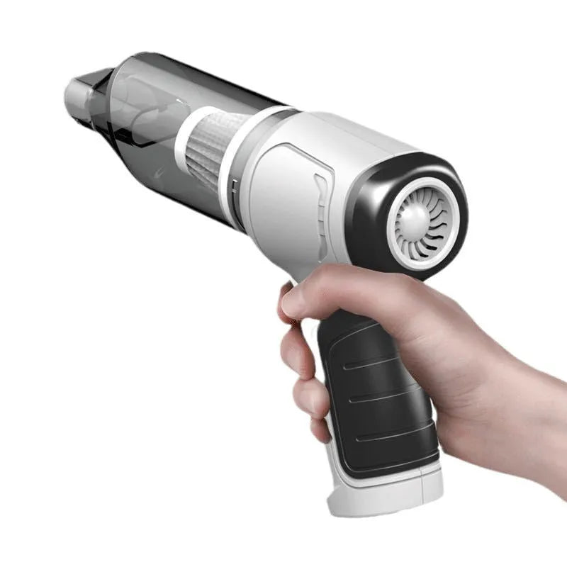 Handheld car vacuum cleaner in gold or silver style with wireless charging capability and pet hair attachment
