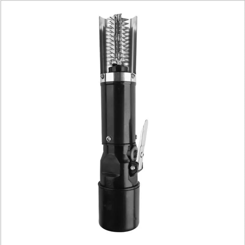 Black electric fish scale descaling tool with brush head on white background