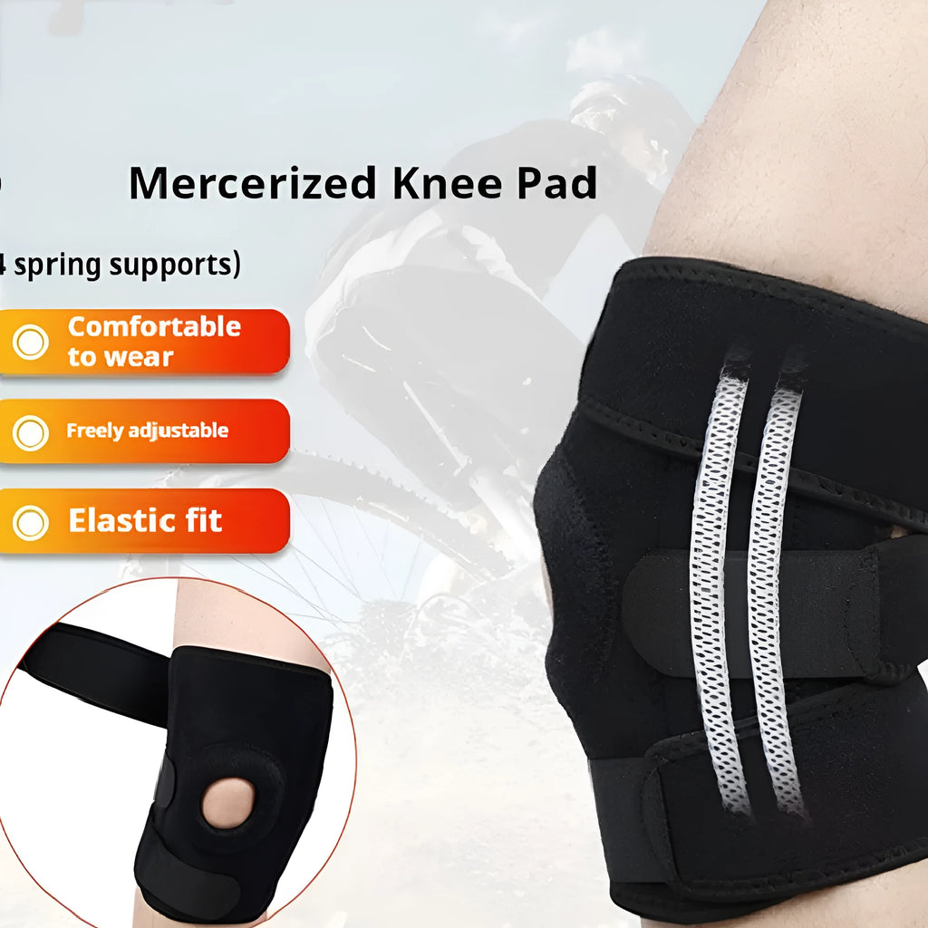 Spring support sports knee pad on a knee, showing nylon mercerised cloth construction.