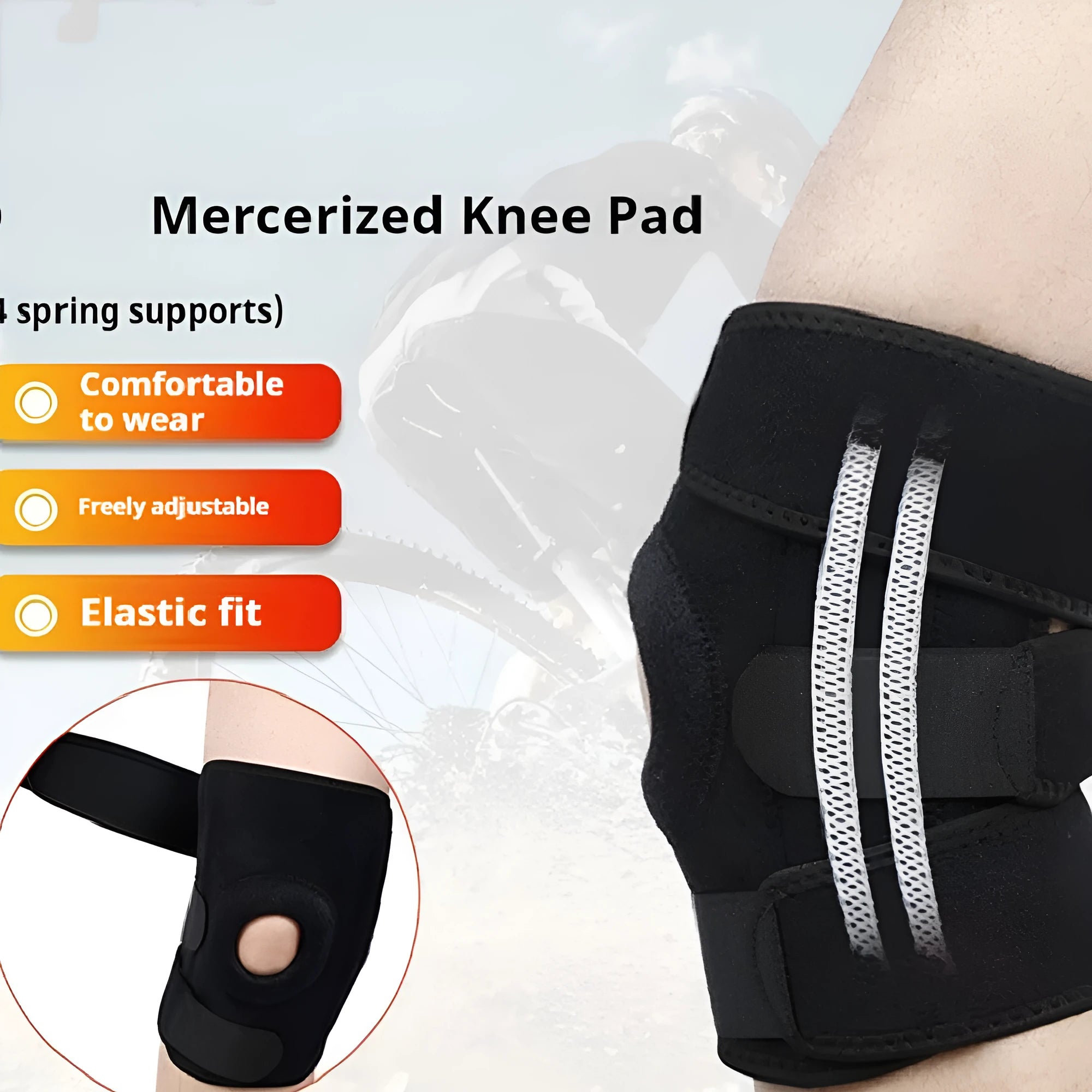 Spring support sports knee pad on a knee, showing nylon mercerised cloth construction.