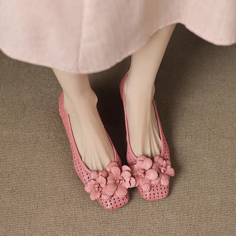 Women's light brown woven leather pumps with hollow pattern and mid-heel