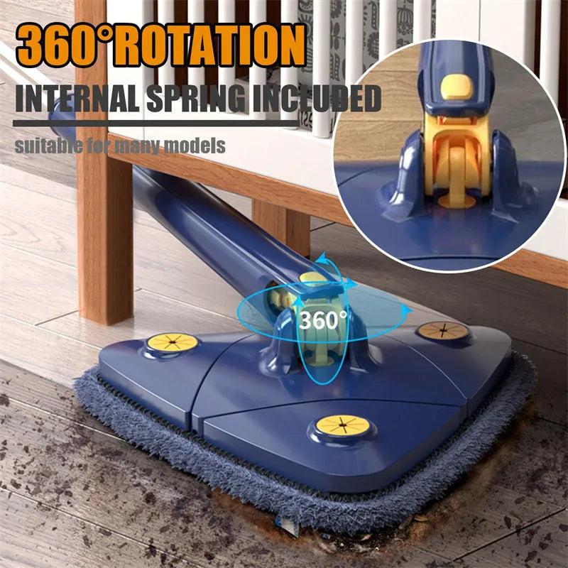 Blue triangle cleaning mop with 360° rotating head and extendable stainless steel pole
