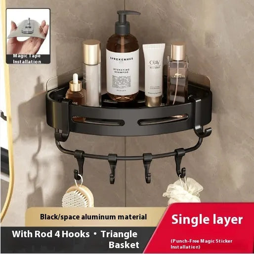 Gun grey triangular corner bathroom storage rack mounted on wall with toiletries