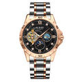 Men's waterproof automatic mechanical watch with luminous hands on a wrist, showing rose gold and silver case options.