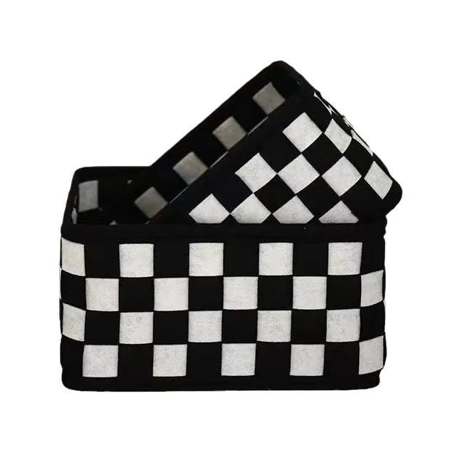 Checkerboard patterned grey felt storage basket with folded sides, shown with dimensions 37cm by 29cm by 19.5cm.