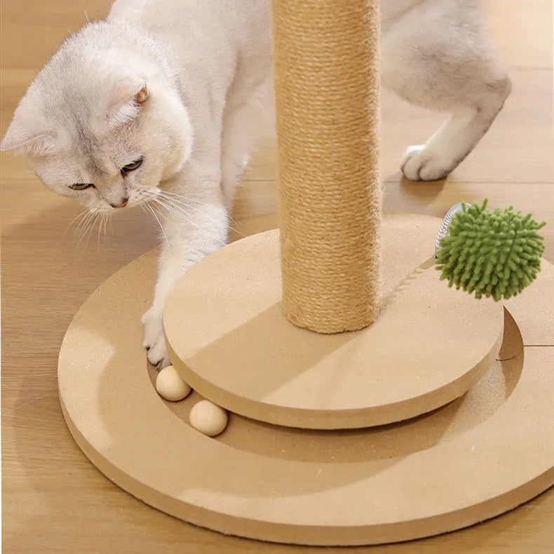 Vertical cat climbing frame with hemp rope scratching posts in a canna colour with a chamfering grab column.