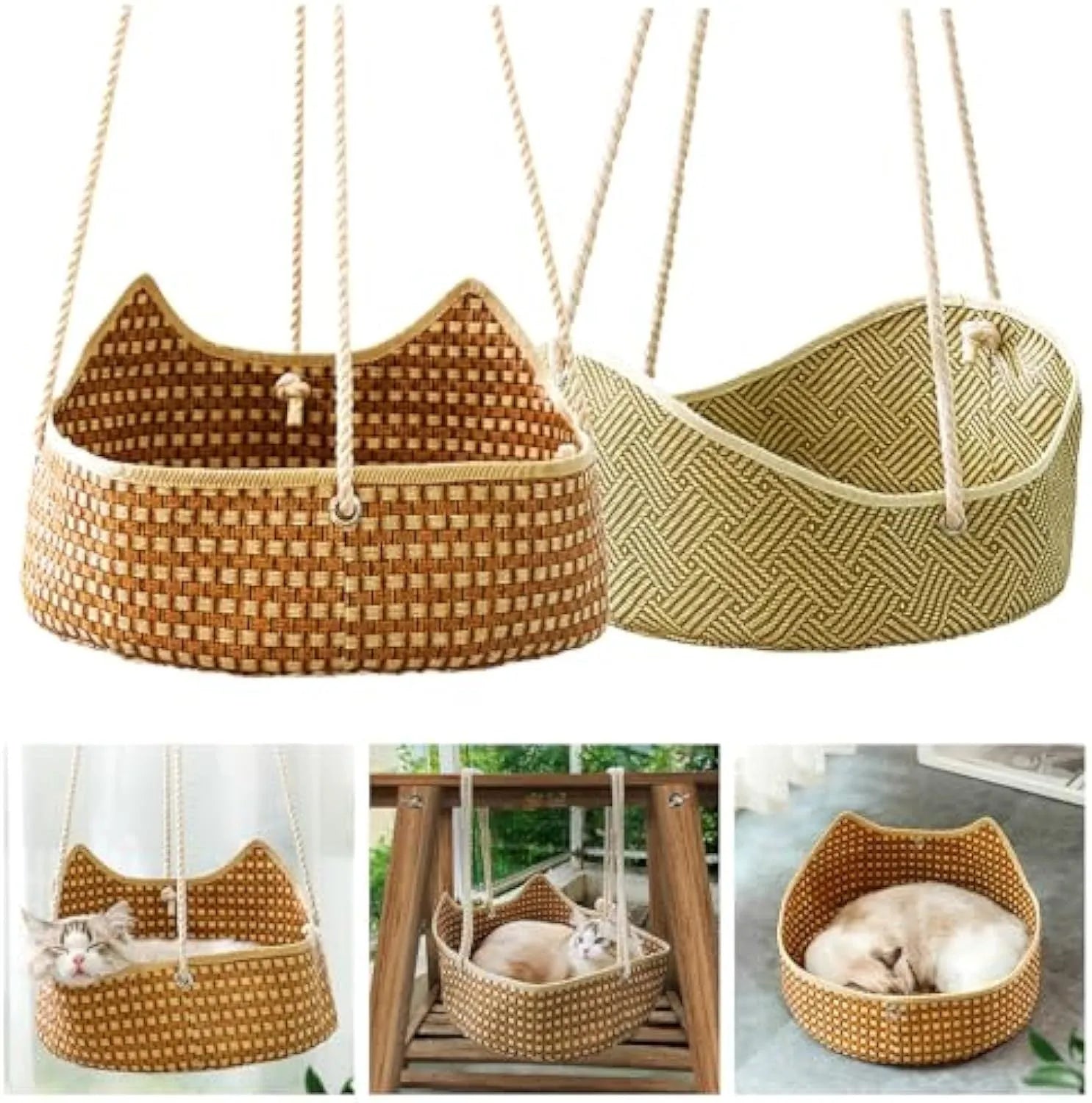 Green woven rattan cat hammock with metal hooks, hanging on a white shelf with a cat resting.