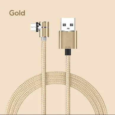 Black magnetic USB charging cable with detachable Micro USB, Lightning, and Type-C heads on a white background.