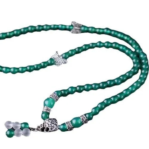 Green agate multi-layer bracelet with 6mm beads and three-circle chain design.