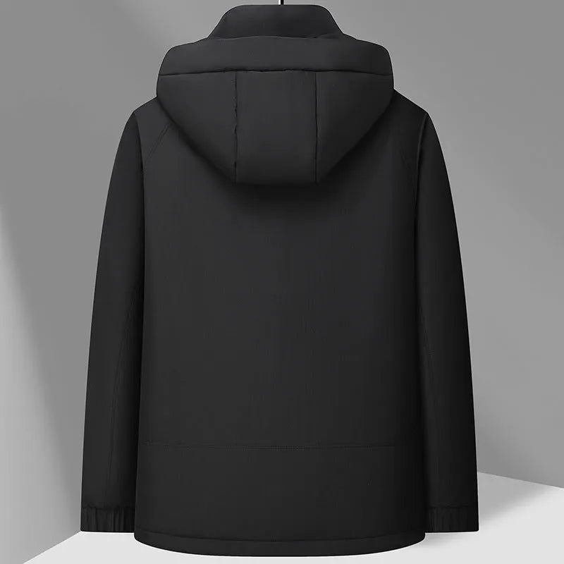 Men's white duck down hooded jacket in black, with chemical fibre blend shell, sizes 170 to 195