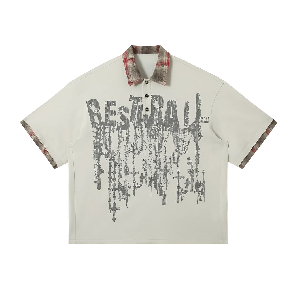 Men's loose asymmetric short-sleeved top with graffiti print on lapels in residual blue colour