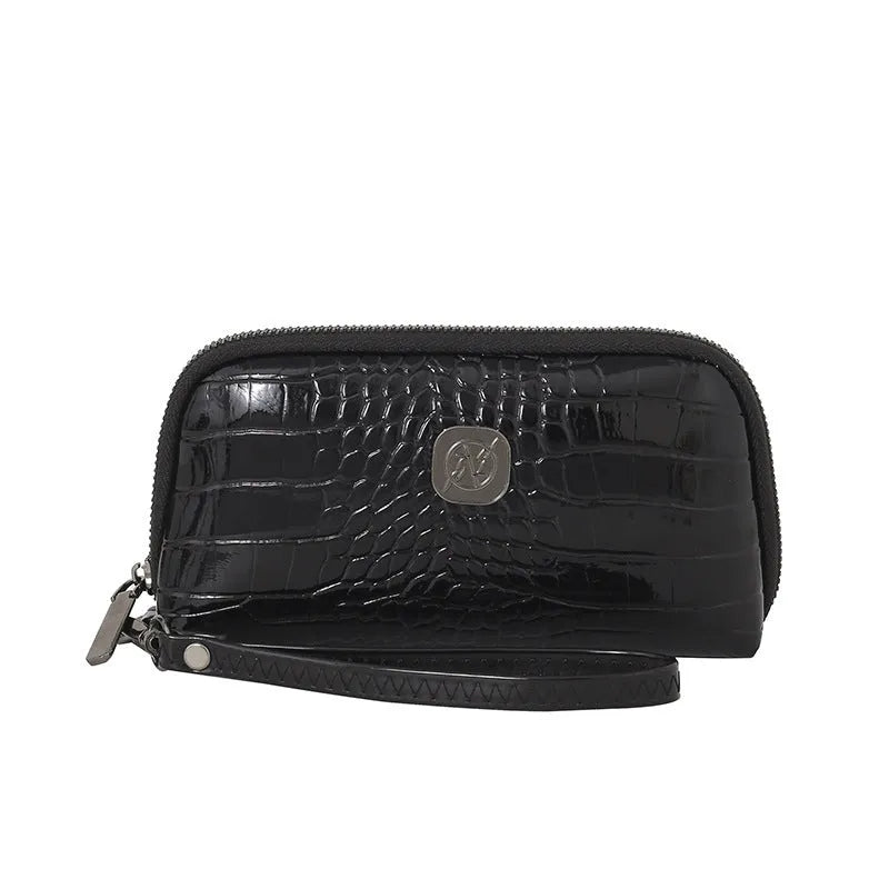 Hand-held rectangular PU mobile phone bag with crystal bamboo pattern in black, shown open to reveal inner pockets.